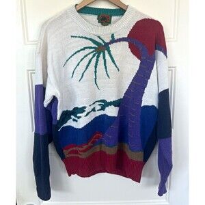Vintage Boston Traders Graphic Sweater Tropical Coogi Style Grandpacore 90s L
